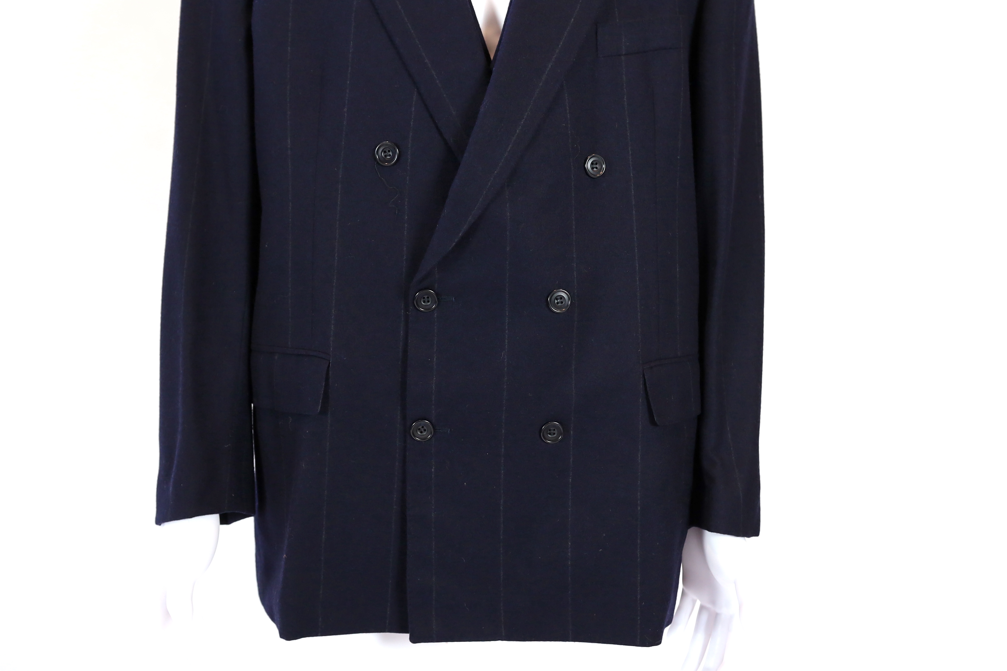 A Saint Laurent rive gauche gentlemen's navy chalk stripe three-piece double breasted wool suit, jacket 42